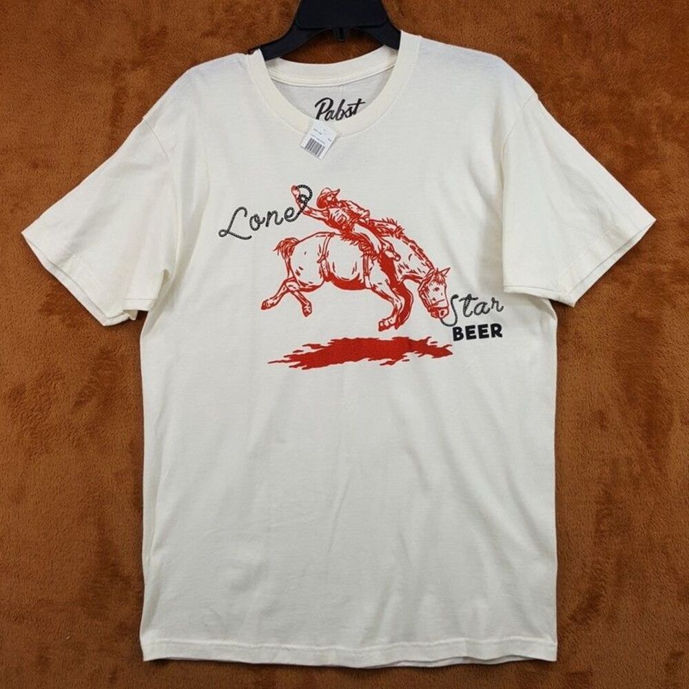 PABST Shirt Mens Large Cream Pullover Crew Lone Star Beer Horse Cowboy